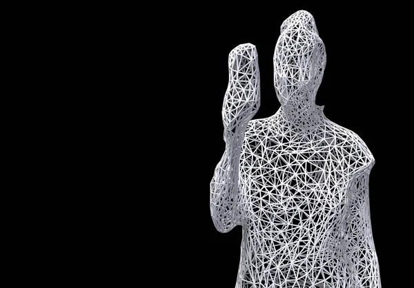 Tredimensionella mesh figur av en kvinna med en telefon i handen på svart bakgrund. 3D illustration. — Stockfoto