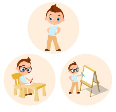 Genç çocuk - okul masa başında, çizim beyaz tahta oturan boyalar ayarlayın. Vektör çizim eps 10 beyaz arka plan üzerinde izole. Düz çizgi film tarzı.