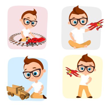 Genç çocuk oyuncak oynarken ayarlayın. Vektör çizim eps 10 beyaz arka plan üzerinde izole. Düz çizgi film tarzı.