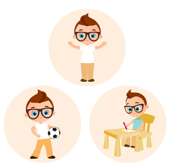 Set Jeune garçon avec des lunettes - peintures assis à un bureau de l'école, jouer au football. Illustration vectorielle eps 10 isolée sur fond blanc. Style de dessin animé plat . — Image vectorielle