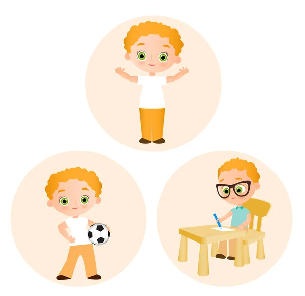 Set Young boy - peintures assis à un bureau de l'école, jouer au football. Illustration vectorielle eps 10 isolée sur fond blanc. Style de dessin animé plat . — Image vectorielle