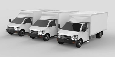 Üç küçük beyaz kamyon... Araba teslim Servisi. Perakende satış noktaları için mal ve ürün teslim. 3D render.