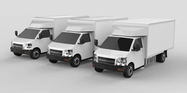 Tre små vita lastbil... Bil leveransservice. Leverans av varor och produkter till butiker. 3D-rendering. — Stockfoto