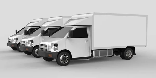 Üç küçük beyaz kamyon... Araba teslim Servisi. Perakende satış noktaları için mal ve ürün teslim. 3D render. — Stok fotoğraf