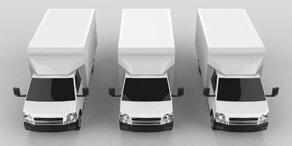 Drie kleine witte vrachtwagen... Auto verzendingsdienst. Levering van goederen en producten aan detailhandel. 3D-rendering. — Stockfoto