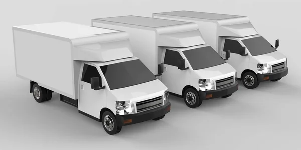 Üç küçük beyaz kamyon... Araba teslim Servisi. Perakende satış noktaları için mal ve ürün teslim. 3D render. — Stok fotoğraf