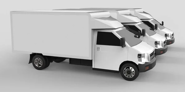 Drie kleine witte vrachtwagen... Auto verzendingsdienst. Levering van goederen en producten aan detailhandel. 3D-rendering. — Stockfoto