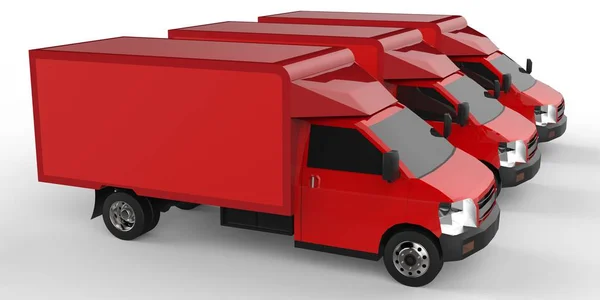 Drei kleine rote LKW.. Auto-Lieferservice. Lieferung von Waren und Produkten an den Einzelhandel. 3D-Darstellung. — Stockfoto