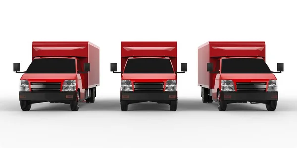 Tre små röda lastbilen... Bil leveransservice. Leverans av varor och produkter till butiker. 3D-rendering. — Stockfoto
