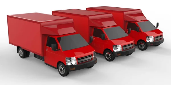 Üç küçük kırmızı kamyon... Araba teslim Servisi. Perakende satış noktaları için mal ve ürün teslim. 3D render. — Stok fotoğraf