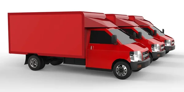 Drei kleine rote LKW.. Auto-Lieferservice. Lieferung von Waren und Produkten an den Einzelhandel. 3D-Darstellung. — Stockfoto