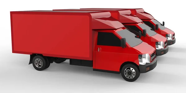 Tres camioncitos rojos... Servicio de entrega de coches. Entrega de bienes y productos a puntos de venta. renderizado 3d . — Foto de Stock