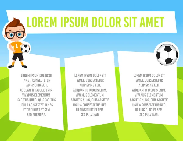 Banner with funny cartoon child sportsman. Template advertising brochure with space for text. Kid playing football. Flat design. Vector illustration eps 10. Stock Vector