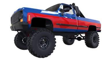 büyük kamyonet off-road. Tam - eğitim. Yüksek süspansiyon kaldırdı. Büyük tekerlekler ile sivri taş ve çamur için. 3D çizim.