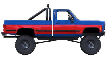 büyük kamyonet off-road. Tam - eğitim. Yüksek süspansiyon kaldırdı. Büyük tekerlekler ile sivri taş ve çamur için. 3D çizim.