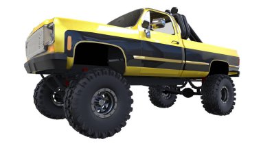 büyük kamyonet off-road. Tam - eğitim. Yüksek süspansiyon kaldırdı. Büyük tekerlekler ile sivri taş ve çamur için. 3D çizim.