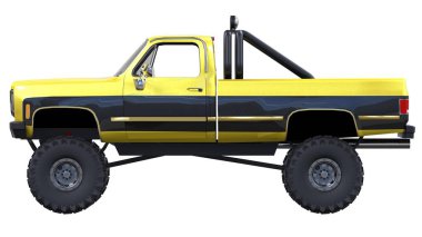 büyük kamyonet off-road. Tam - eğitim. Yüksek süspansiyon kaldırdı. Büyük tekerlekler ile sivri taş ve çamur için. 3D çizim.