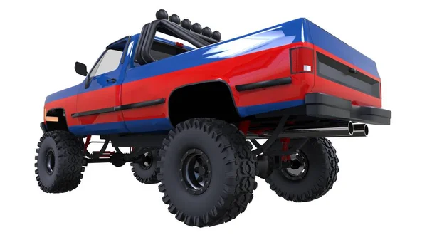 Grote pick-up truck off-road. Full - opleiding. Sterk verhoogde ophanging. Grote wielen met spikes voor stenen en modder. 3D illustratie. — Stockfoto