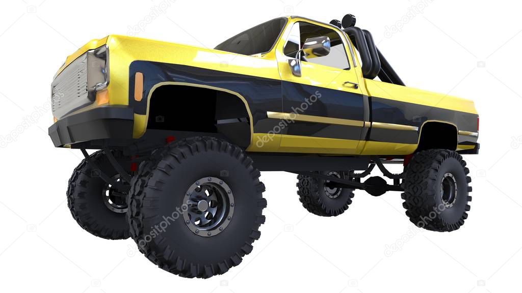 large pickup truck off-road. Full - training. Highly raised suspension. Huge wheels with spikes for rocks and mud. 3d illustration.