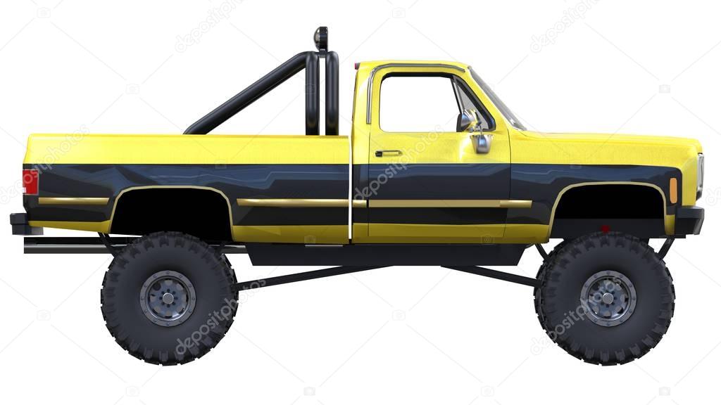large pickup truck off-road. Full - training. Highly raised suspension. Huge wheels with spikes for rocks and mud. 3d illustration.
