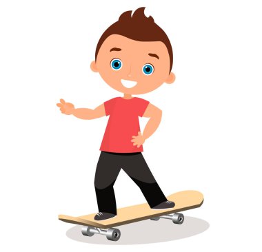 Kaykay genç adam. Çizgi film çocuk skater bir kaykay sürme ve bir kaykay yapıyor aldatır. Düz tasarım. Vektör çizim eps 10.