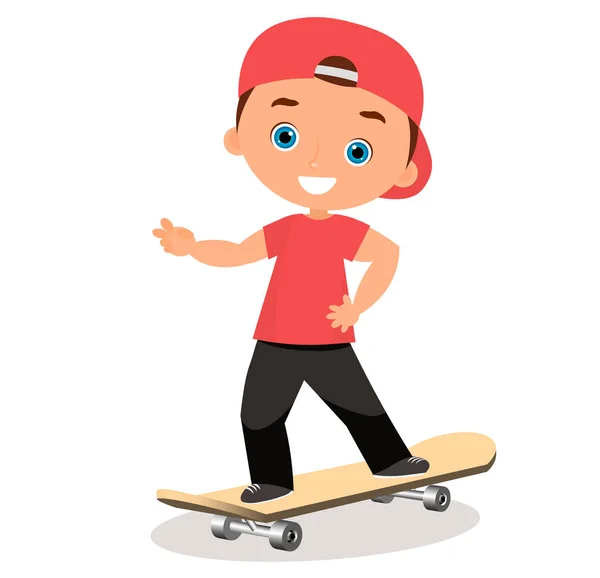 Um jovem a andar de skate. Patinador de desenhos animados montando um skate e fazendo um truque de skate. Design plano. Ilustração vetorial eps 10 . — Vetor de Stock