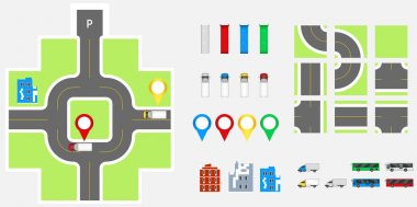 Cityscape tasarım öğeleriyle road, ulaşım, binalar, gezinti pimleri. Yol haritası vektör çizim eps 10. Vektör çizim, web sitesi, infographics şablon için kullanılabilir.