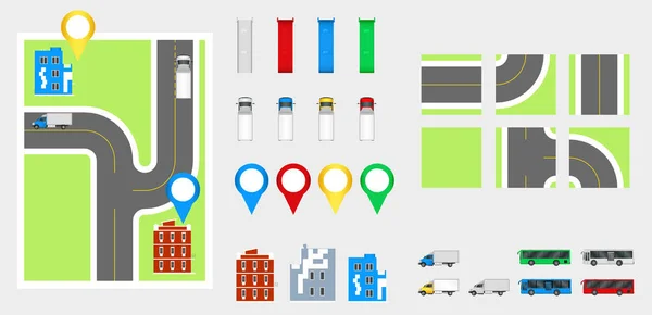 Stadsgezicht ontwerpelementen met road, vervoer, gebouwen, navigatie pinnen. Routekaart Vector Illustratie eps 10. Kan worden gebruikt voor vectorillustratie, website, infographics sjabloon. — Stockvector