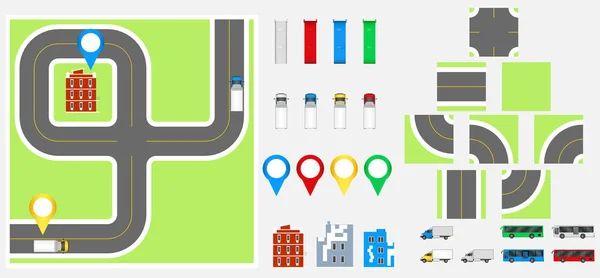 Elementos de diseño de paisaje urbano con carretera, transporte, edificios, pines de navegación. Mapa de carreteras Ilustración vectorial eps 10. Puede ser utilizado para la ilustración de vectores, sitio web, plantilla de infografías . — Archivo Imágenes Vectoriales