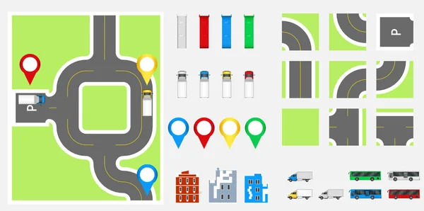 Cityscape Design Elements with road, transport, buildings, navigation pins. Road Map Vector illustration eps 10. May be used for vector illustration, web site, infographics template. — Stock Vector