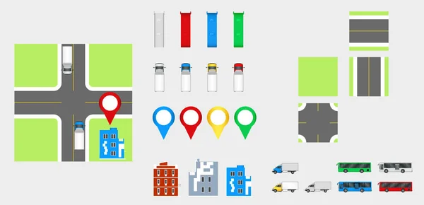 Elementos de diseño de paisaje urbano con carretera, transporte, edificios, pines de navegación. Mapa de carreteras Ilustración vectorial eps 10. Puede ser utilizado para la ilustración de vectores, sitio web, plantilla de infografías . — Vector de stock