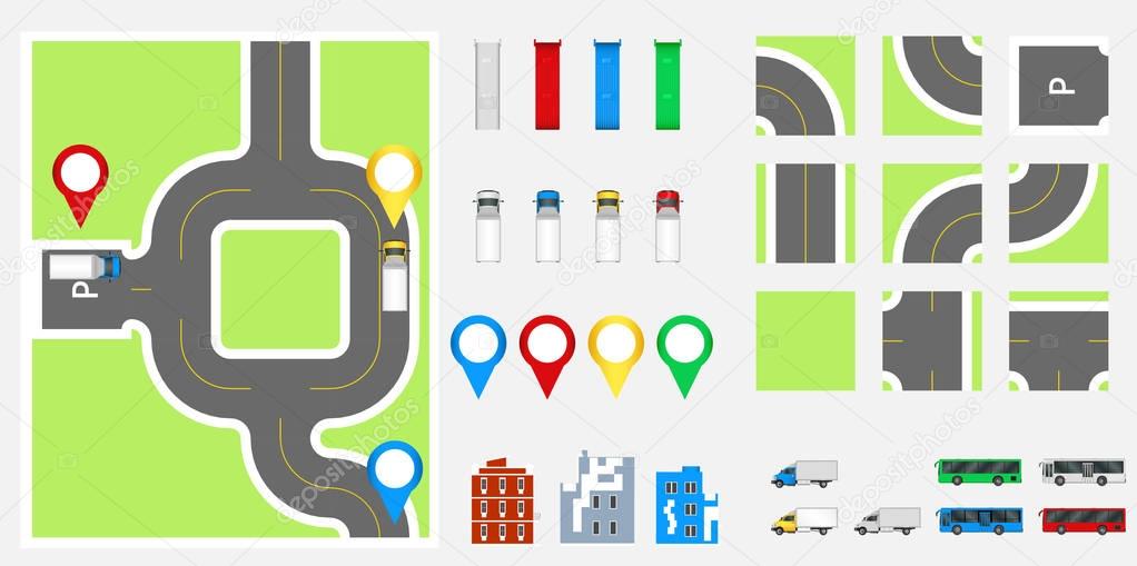 Cityscape Design Elements with road, transport, buildings, navigation pins. Road Map Vector illustration eps 10. May be used for vector illustration, web site, infographics template.