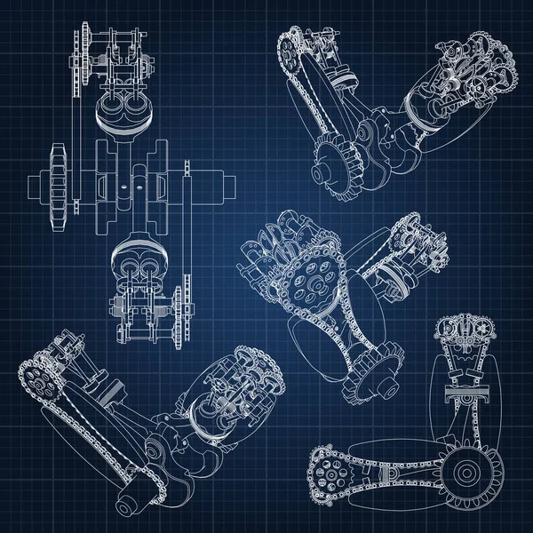 Verschillende motor onderdelen, zuigers, kettingen, sproeiers en kleppen zijn afgebeeld in de vorm van lijnen en contouren. 3D tekening van montage en onderdelen. — Stockvector