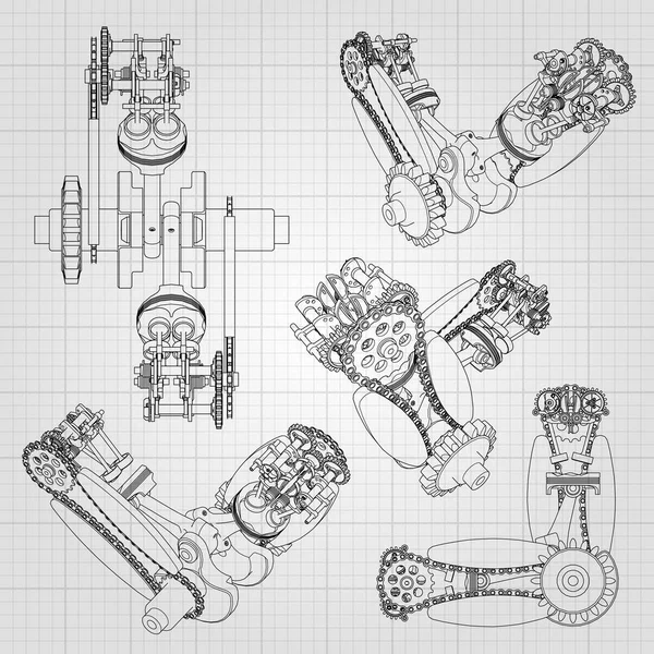 Various engine components, pistons, chains, nozzles and valves are depicted in the form of lines and contours. 3D drawing of assembly and parts. — Stock Vector