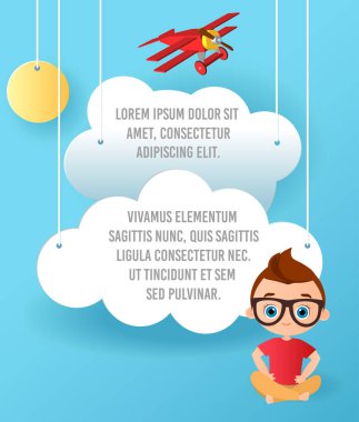 Bulut ve uçak gökyüzünde uçan kağıt sanat vektör. Şablon reklam broşür metin için yer ile. Origami kavramı afiş. Komik karikatür çocuklarla banner