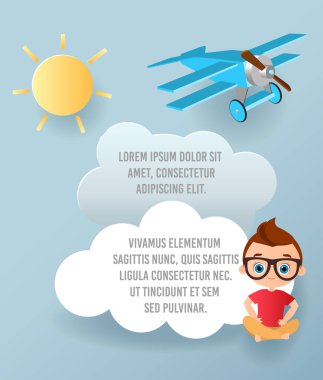 Bulut ve uçak gökyüzünde uçan kağıt sanat vektör. Şablon reklam broşür metin için yer ile. Origami kavramı afiş. Komik karikatür çocuklarla banner