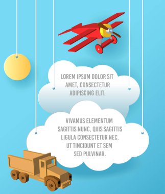 Vektör kağıt sanatı bulut, araba ve uçak gökyüzünde. Şablon reklam broşür metin için yer ile. Origami kavramı afiş.