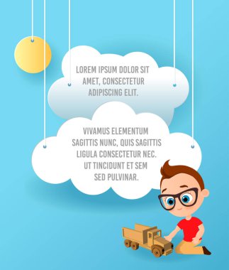 Vektör kağıt sanatı bulut ve araba. Şablon reklam broşür metin için yer ile. Origami kavramı afiş. Komik karikatür çocuklarla banner