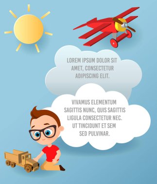 Vektör kağıt sanatı bulut ve araba. Şablon reklam broşür metin için yer ile. Origami kavramı afiş. Komik karikatür çocuklarla banner