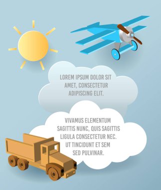 Vektör kağıt sanatı bulut, araba ve uçak gökyüzünde. Şablon reklam broşür metin için yer ile. Origami kavramı afiş.