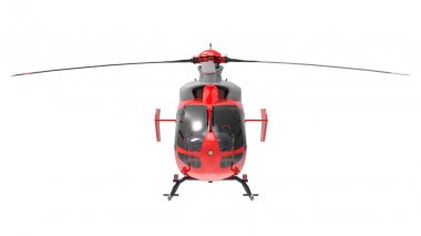 Beyaz arka plan üzerinde izole kırmızı helikopter. 3D çizim.