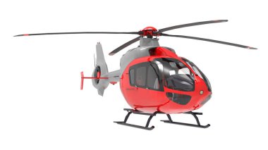 Beyaz arka plan üzerinde izole kırmızı helikopter. 3D çizim.