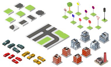 İzometrik yol ve vektör arabalar, ortak trafik düzenleme, bir windows ile bina ve Klima. Beyaz arka plan üzerinde izole vektör çizim eps 10.
