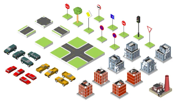 Set isometrische Straße und Vektor Autos, gemeinsame Straßenverkehrsordnung, Gebäude mit einem Fenster und Klimaanlage. Vektor Illustration eps 10 isoliert auf weißem Hintergrund. — Stockvektor