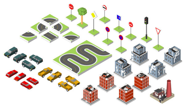 Set Isometric road and Vector Cars, Common road traffic regulatory, Building with a windows and air-conditioning. Vector illustration eps 10 isolated on white background.