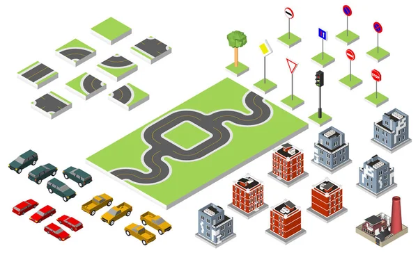 Set Isometric route et voitures vectorielles, Réglementation de la circulation routière commune, Bâtiment avec une fenêtre et la climatisation. Illustration vectorielle eps 10 isolée sur fond blanc . — Image vectorielle