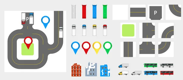 Elementos de diseño de paisaje urbano con carretera, transporte, edificios, pines de navegación. Mapa de carreteras Ilustración vectorial eps 10. Puede ser utilizado para la ilustración de vectores, sitio web, plantilla de infografías . — Vector de stock