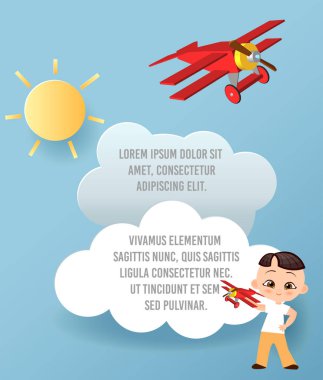 Bulut ve uçak gökyüzünde uçan kağıt sanat vektör. Şablon reklam broşür metin için yer ile. Origami kavramı afiş. Komik karikatür çocuklarla banner