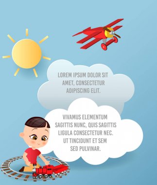 Bulut ve uçak gökyüzünde uçan kağıt sanat vektör. Şablon reklam broşür metin için yer ile. Origami kavramı afiş. Komik karikatür çocuklarla banner