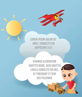 Bulut ve uçak gökyüzünde uçan kağıt sanat vektör. Şablon reklam broşür metin için yer ile. Origami kavramı afiş. Komik karikatür çocuklarla banner